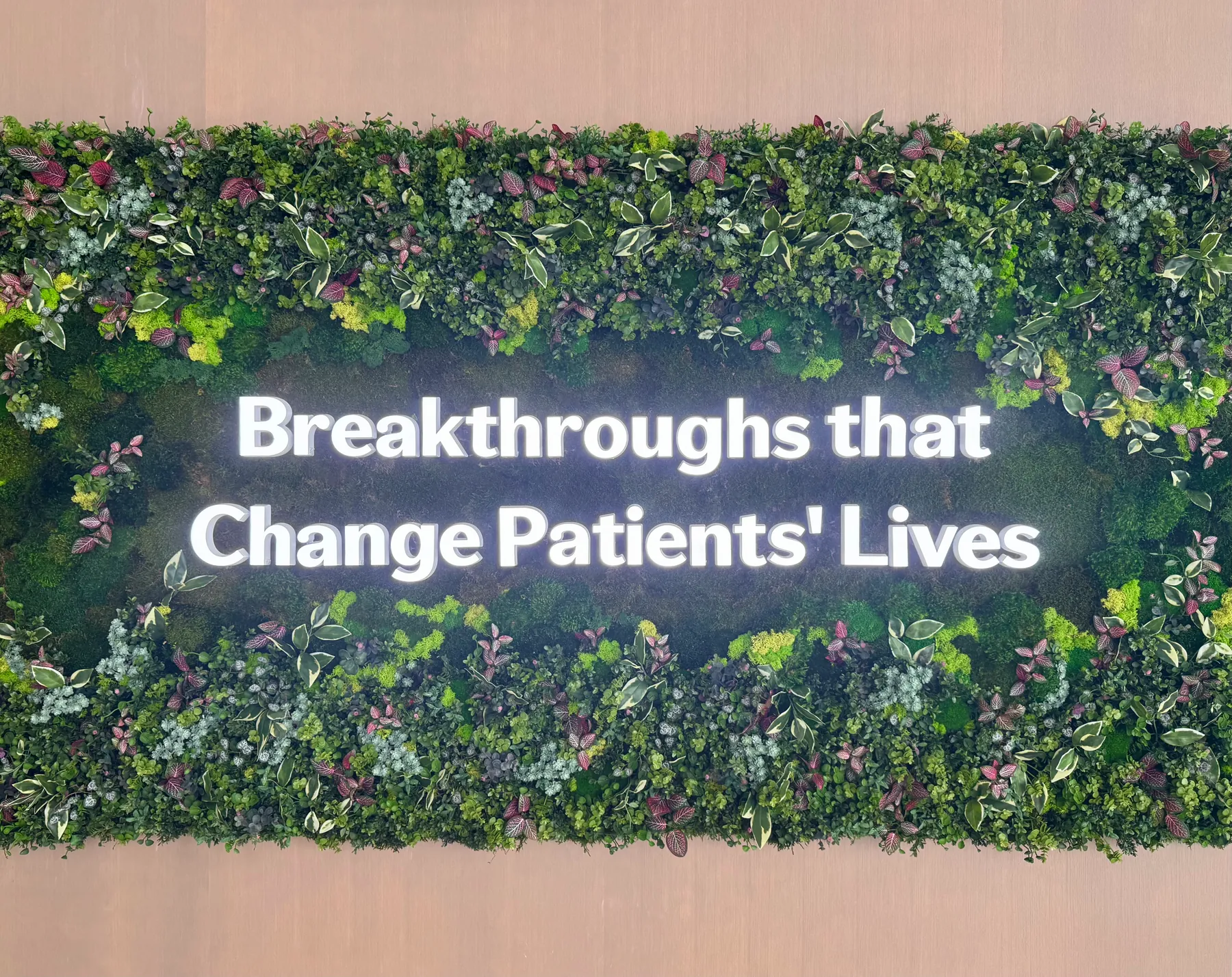 A brand message lettered into a green wall