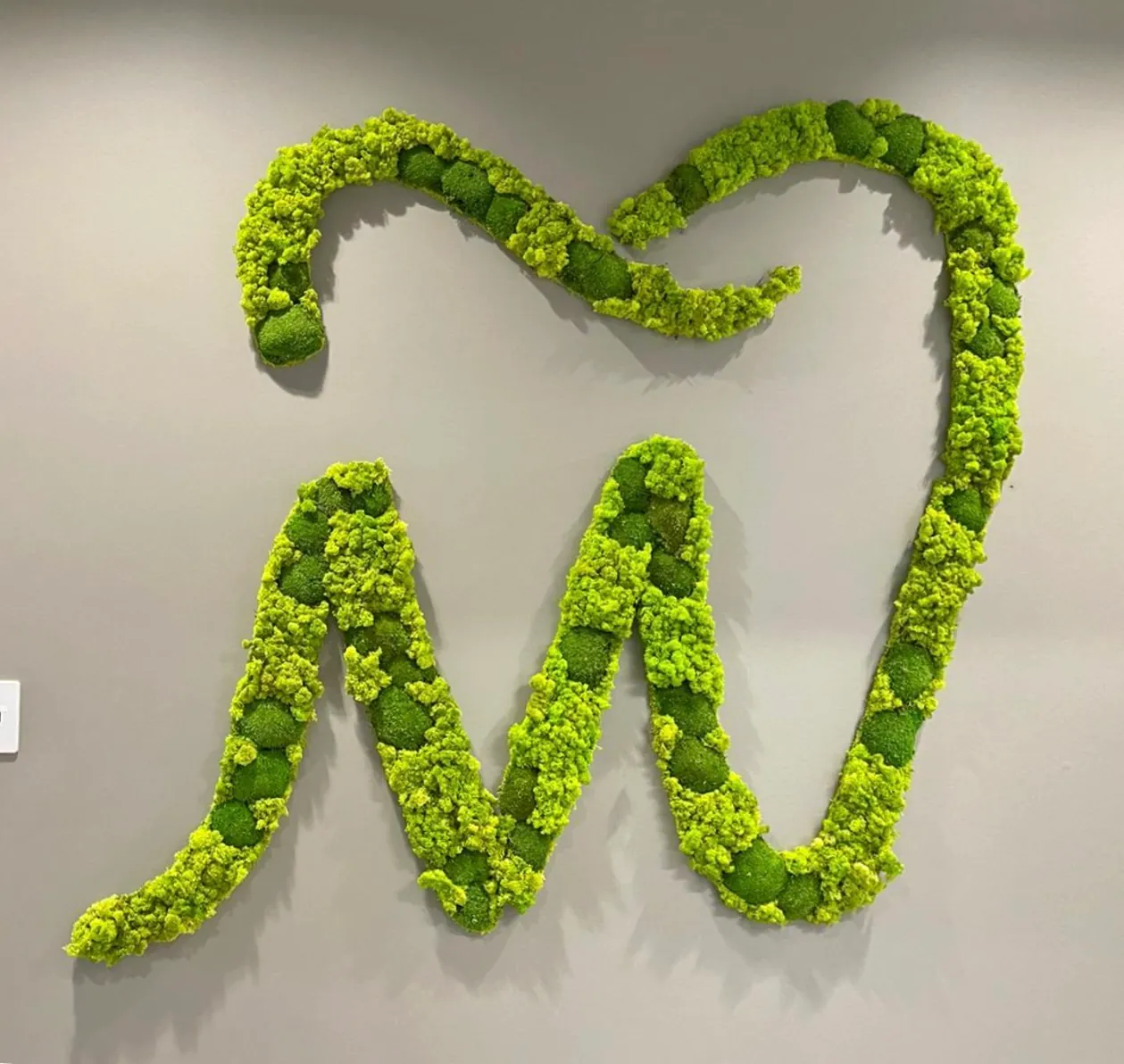 A logo shape formed in moss