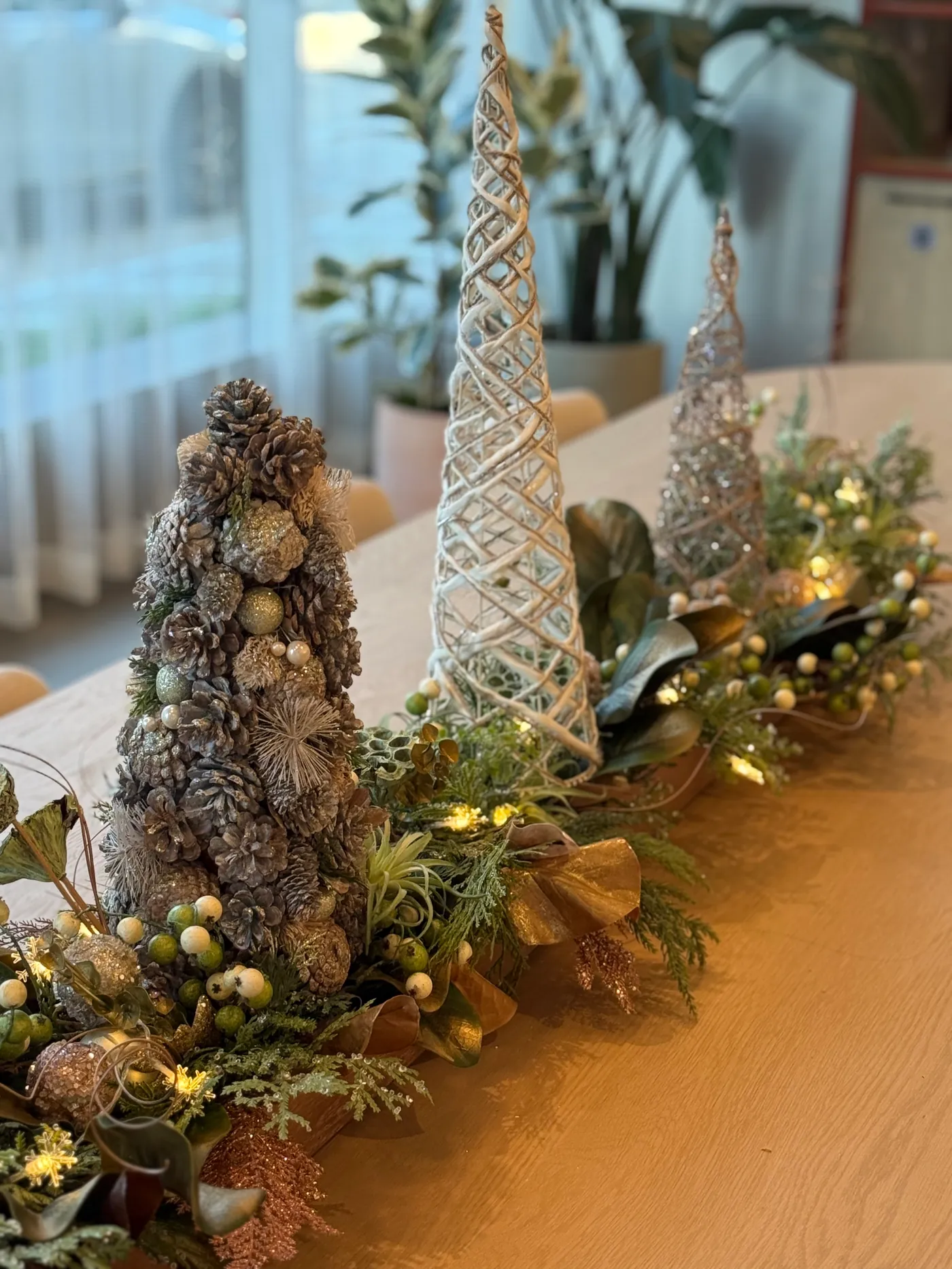 A holiday table runner with lights
