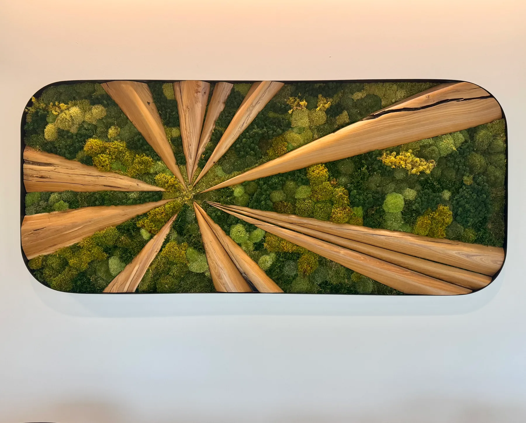 A moss and natural wood sunburst panel